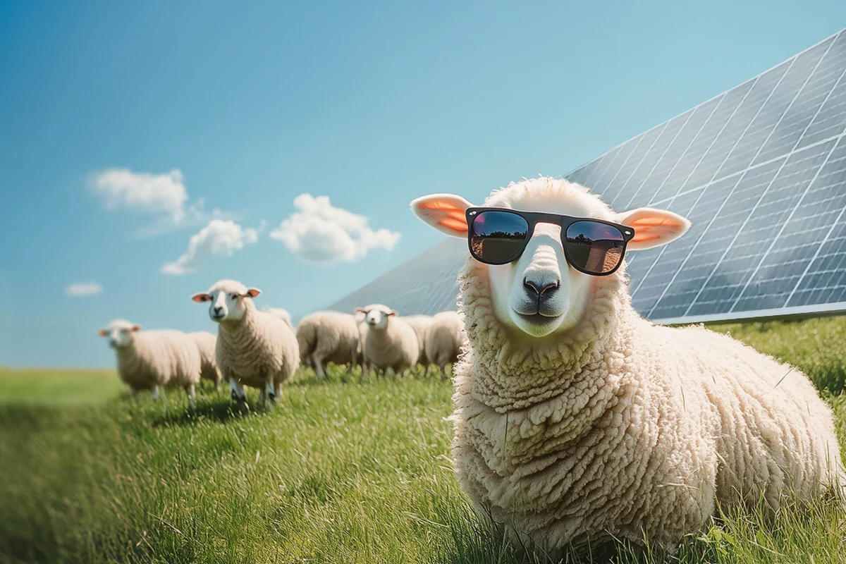 Ett får med solglasögon vilar i gräset framför en stor solenergianläggning med flera solpaneler, medan en flock får betar i bakgrunden under en klar blå himmel.